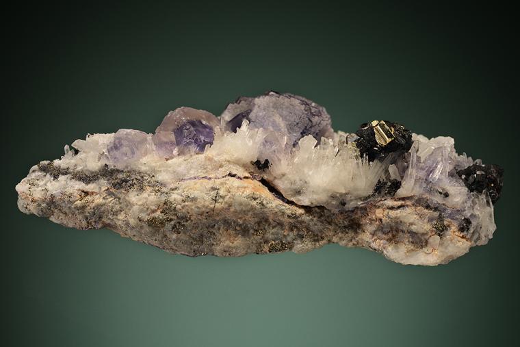 FLUORITE with PYRITE and TETRAHEDRITE on QUARTZ